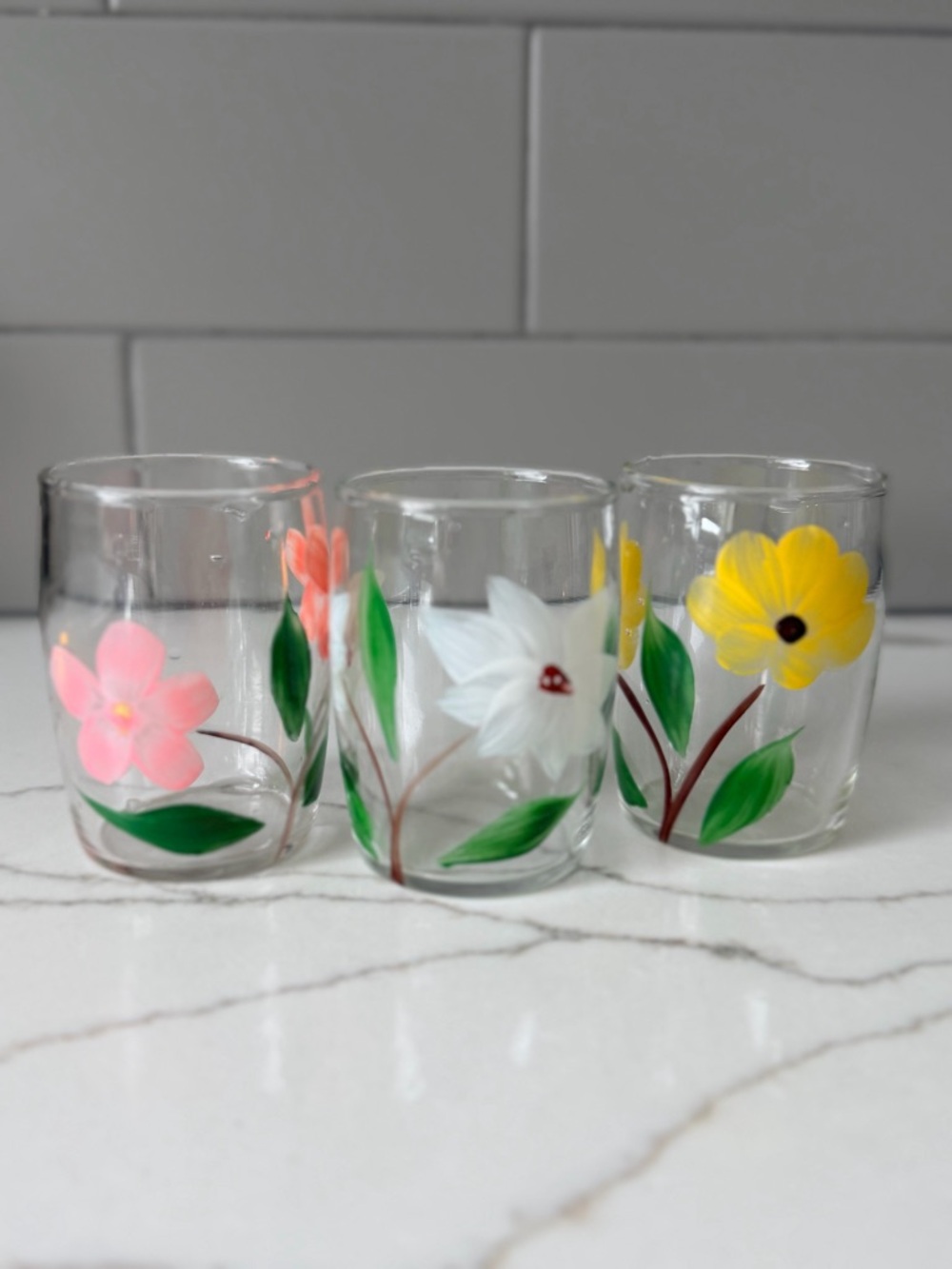 Set of 3 Hand-Painted Floral Glasses - Pink, White, Yellow